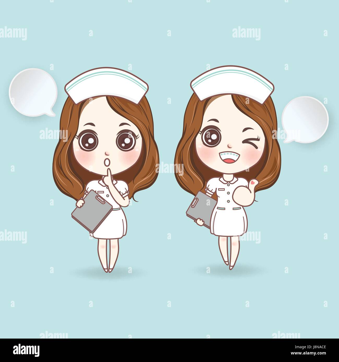 Infirmiere En Robe Blanche Cartoon Cute Ont Le Sourire Orthodontie Bleu Brillant Maintenir Dossier Patient Dans La Main Ascenseur Ne Font Pas Beaucoup De Bruit Et Ascenseur Merveilleux Image Vectorielle Stock