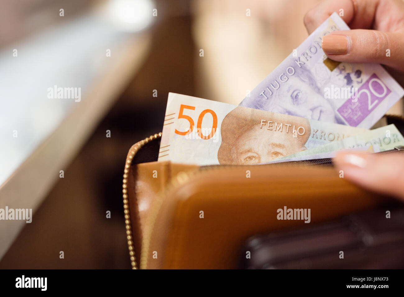 La tenue d'une femme porte-monnaie avec des billets en euros Banque D'Images