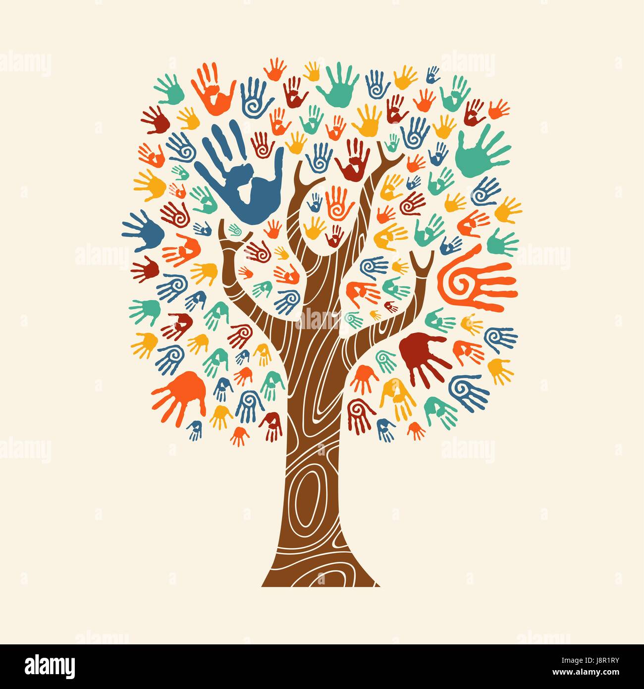 Concept arborescence constituée de colorful hand print art. divers concept communautaire d'aide sociale, le travail d'équipe ou d'un organisme de bienfaisance. Vecteur EPS10. Illustration de Vecteur
