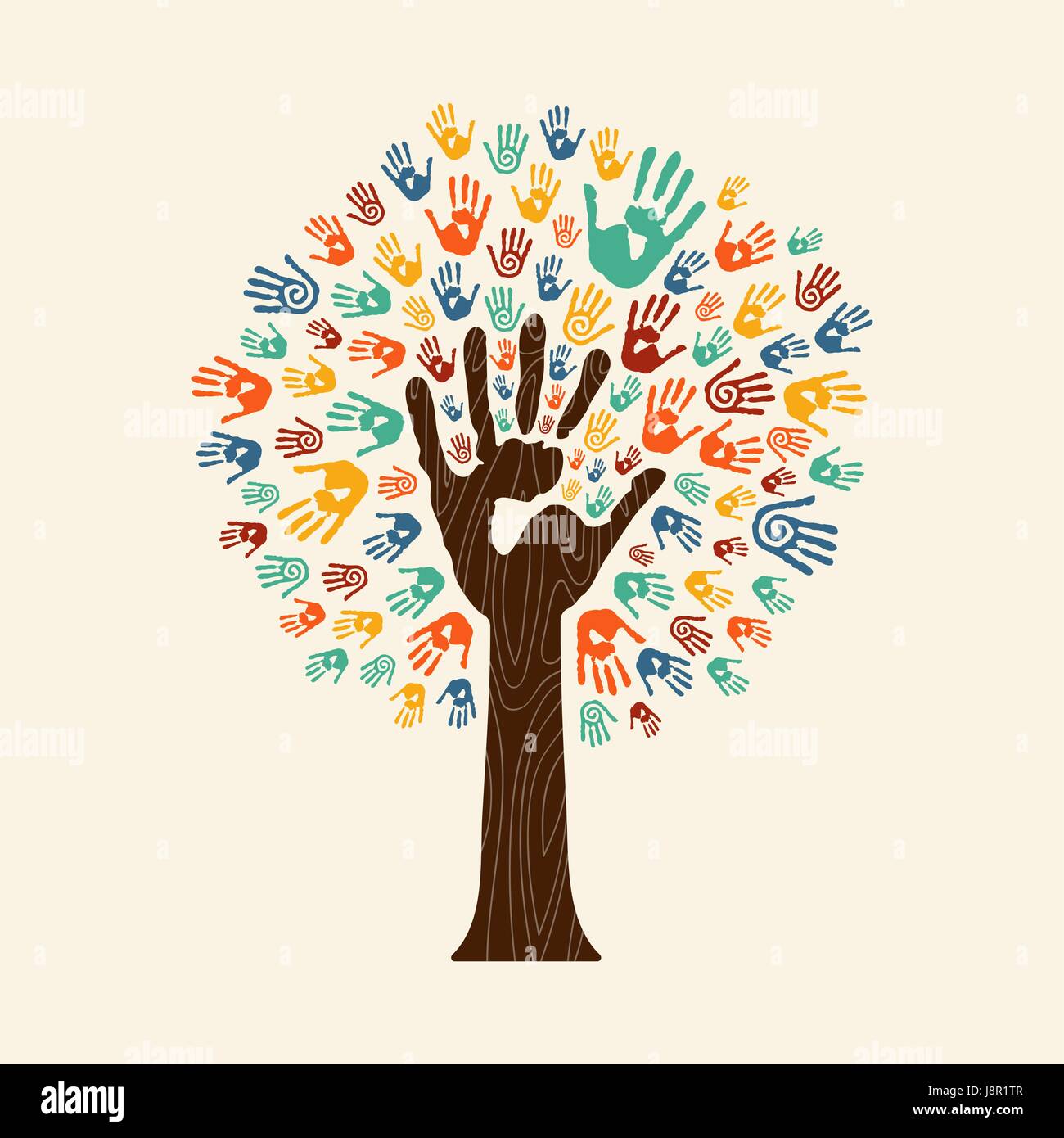 Les droits de l'empreinte de l'arbre avec les mains colorées de groupe ethnique. Communauté aide concept illustration. Vecteur EPS10. Illustration de Vecteur