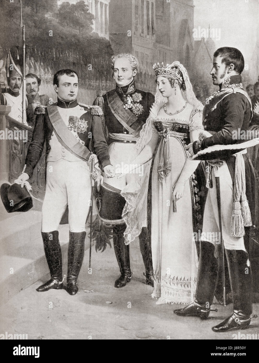 La réception de Napoléon reine de Prusse à Tilsit, 1807. Napoléon Bonaparte, 1769 - 1821. Militaire français et leader politique et empereur des Français de 1804 à 1815 comme Napoléon I. Duchesse Louise de Mecklembourg-strelitz, 1776 - 1810. Reine consort de Prusse comme l'épouse du roi Frédéric-guillaume III. L'histoire de Hutchinson de l'ONU, publié en 1915. Banque D'Images