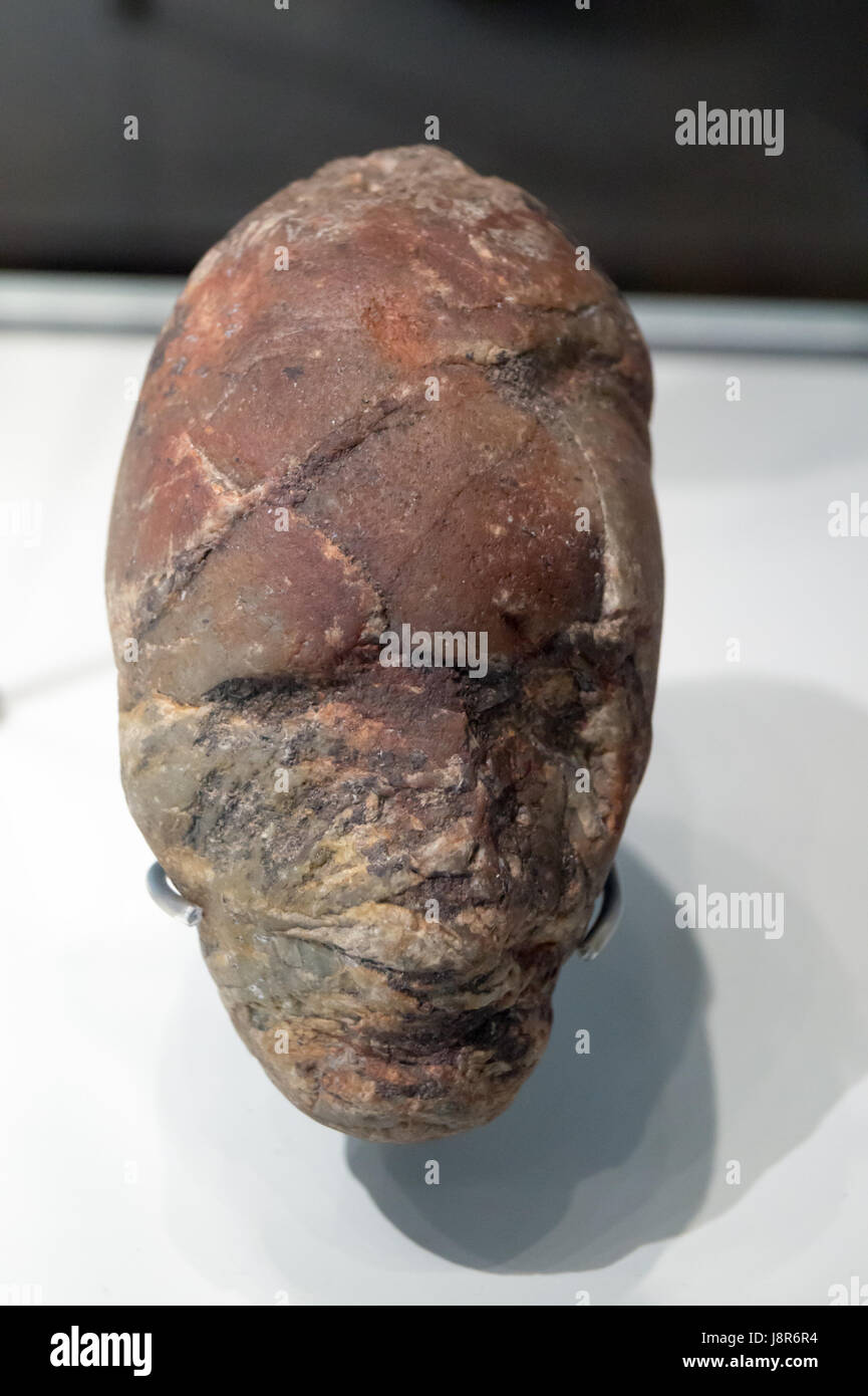 Galets d'albâtre sculpté dans la forme d'une tête humaine, art néolithique asturienne, Musée Archéologique des Asturies, Oviedo Asturias Espagne Banque D'Images