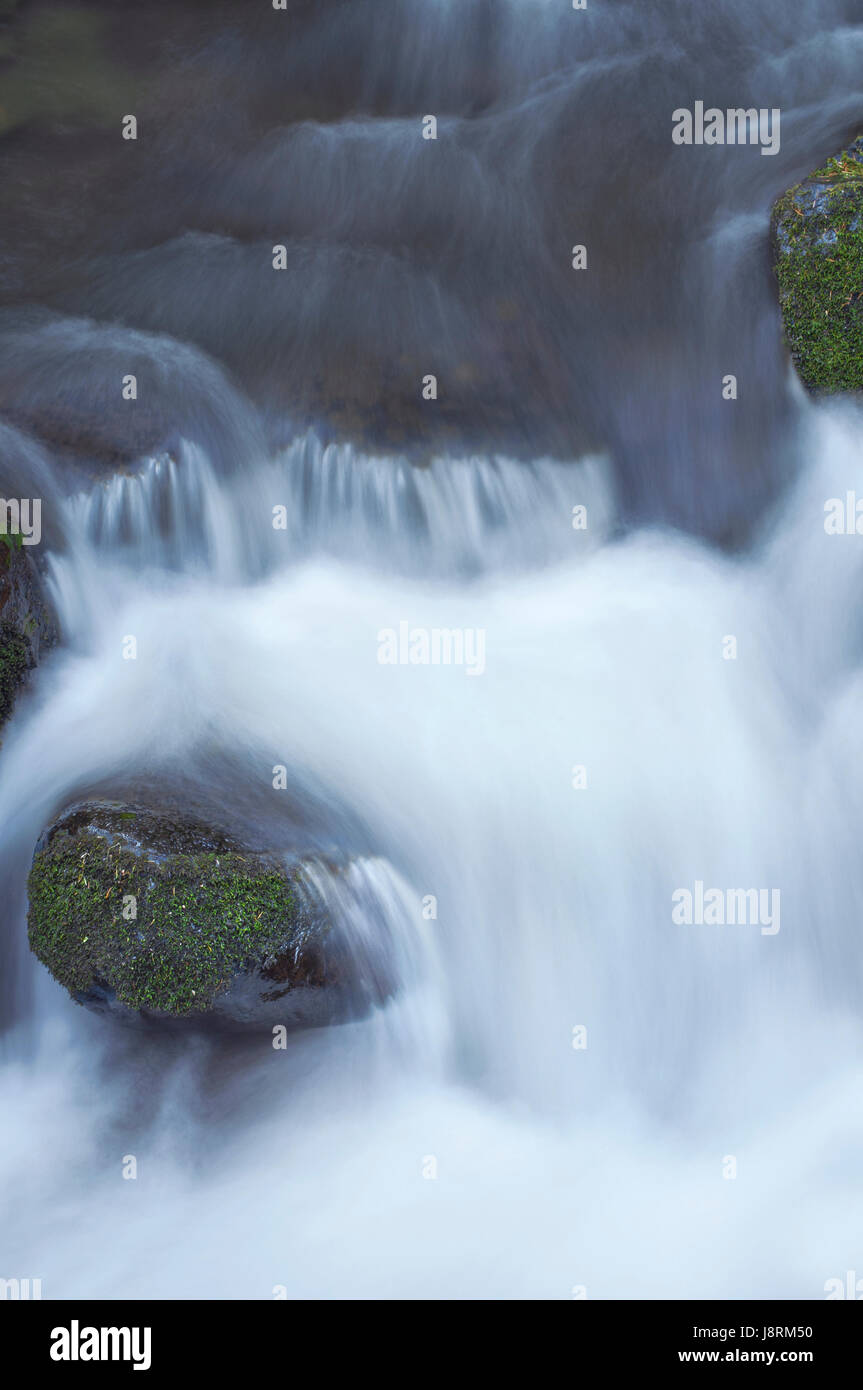 Close up of water Rushing River circulant sur les roches moussues Banque D'Images