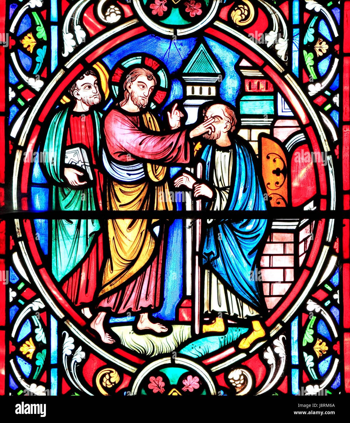 Une scène de la vie de Jésus, par Adolphe Didron, Paris, 1860, vitrail, Feltwell, Norfolk, Angleterre, Jésus de recouvrer la vue d'aveugle, de guérison Banque D'Images