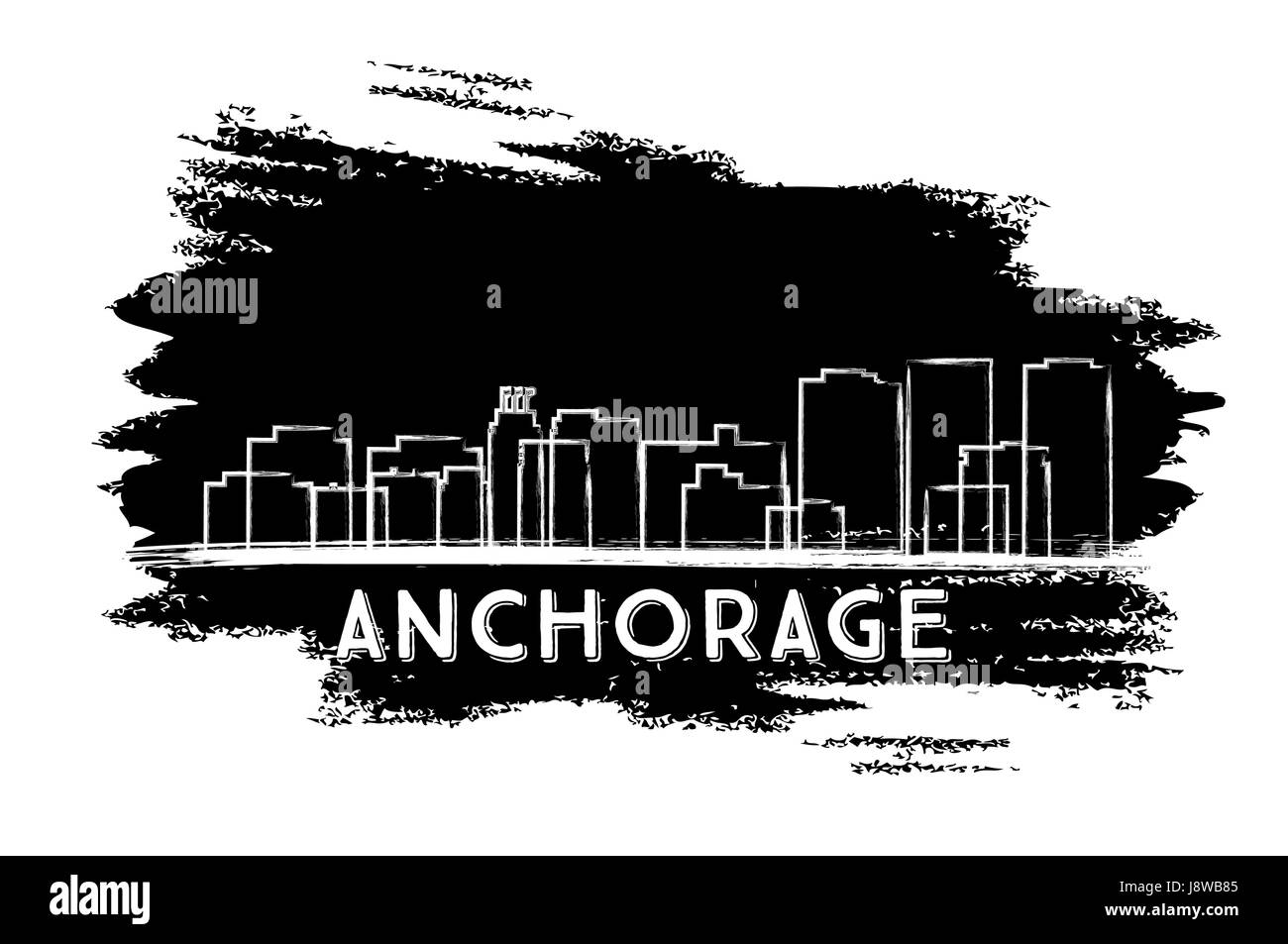 Anchorage skyline silhouette. part croquis. vector illustration. Les voyages d'affaires et tourisme concept avec l'architecture historique. Illustration de Vecteur