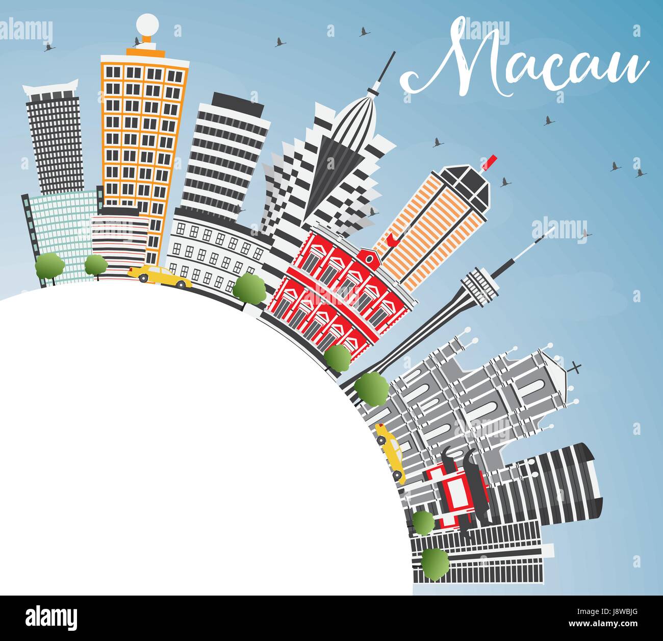 Macao avec toits de bâtiments gris. Bleu ciel et espace copie. vector illustration. Les voyages d'affaires et tourisme concept avec l'architecture moderne. Illustration de Vecteur