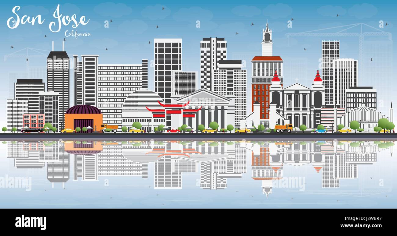 San Jose en Californie avec des toits de bâtiments gris, ciel bleu et réflexions. vector illustration. business concept Voyages et tourisme Illustration de Vecteur