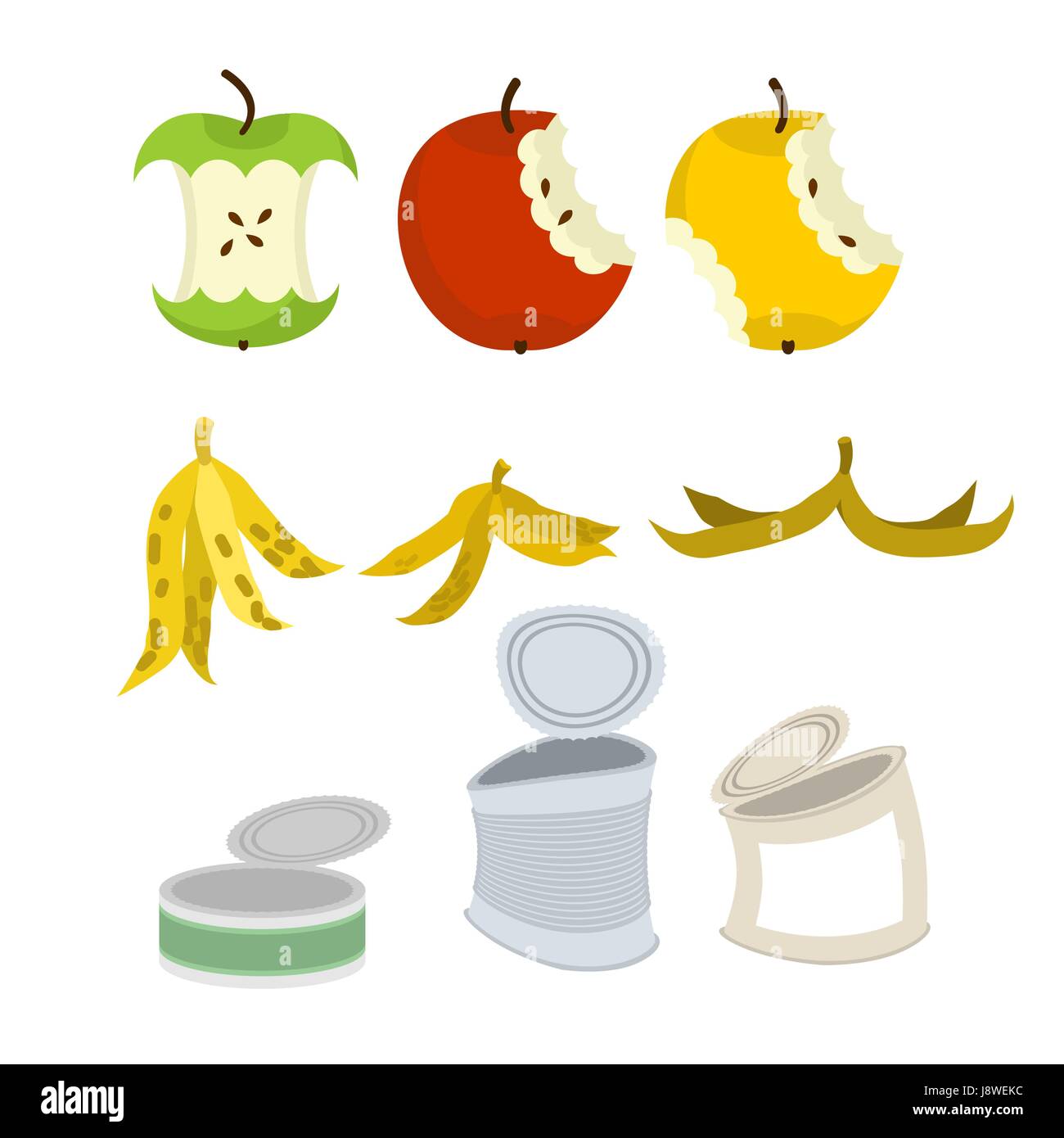 Ensemble d'ordures. La collecte des déchets. Core apple peel et de banane. Tin Illustration de Vecteur