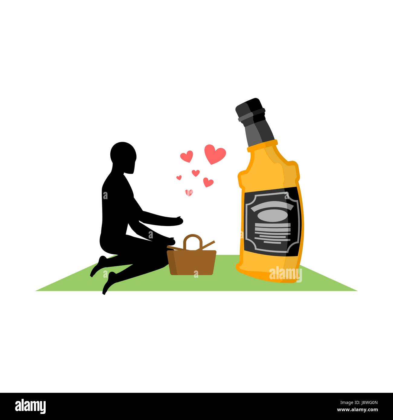 Boire de l'alcool amoureux. L'homme et la bouteille de whisky sur le  pique-nique. Couverture et panier de nourriture sur pelouse. Date  romantique. Vie alcoolique Image Vectorielle Stock - Alamy