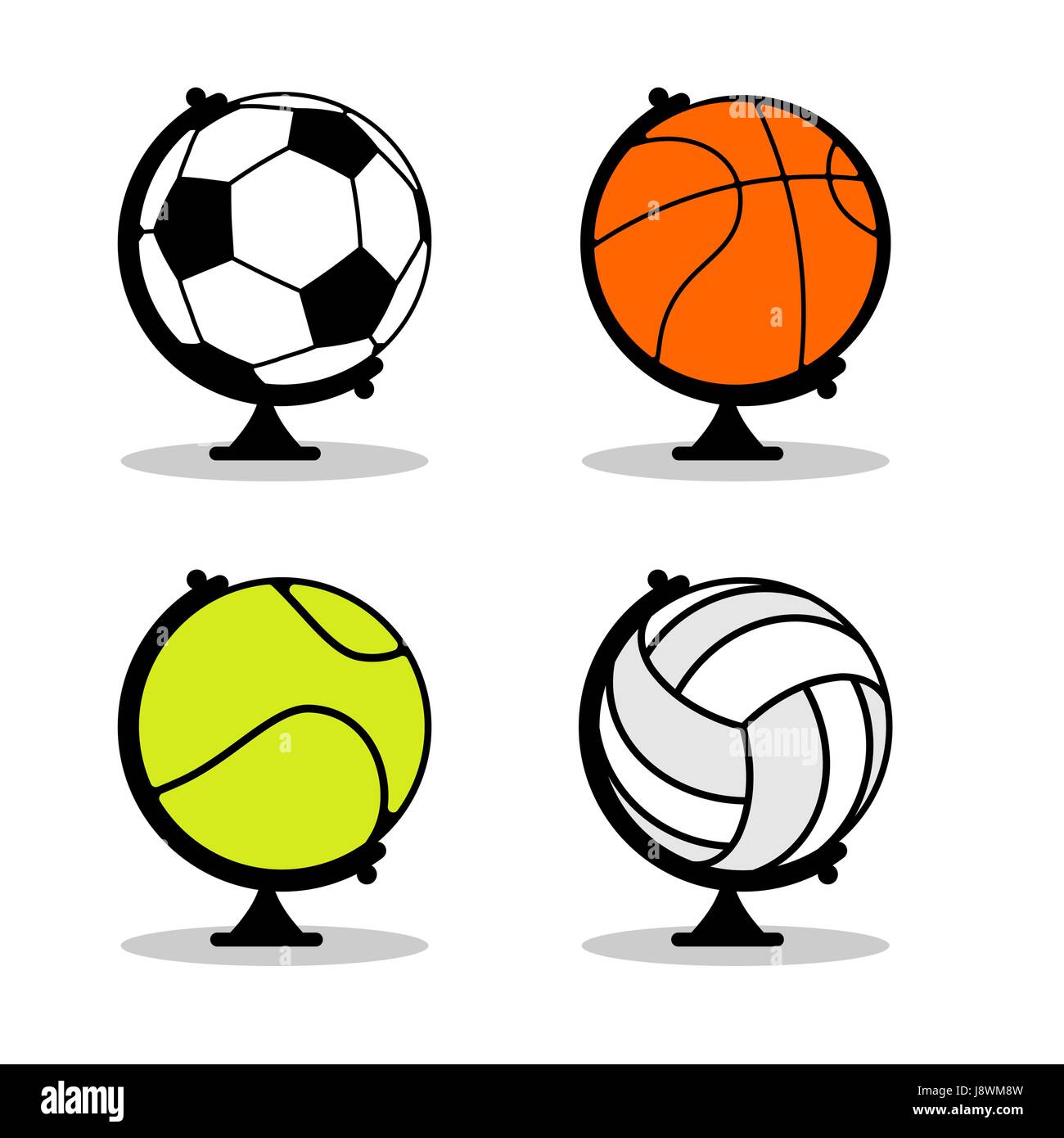 Globe Sports ensemble. Billes en terre sphère. Le basket-ball et football. Tennis et volley-ball. Planet Sports. Jeu Monde Illustration de Vecteur