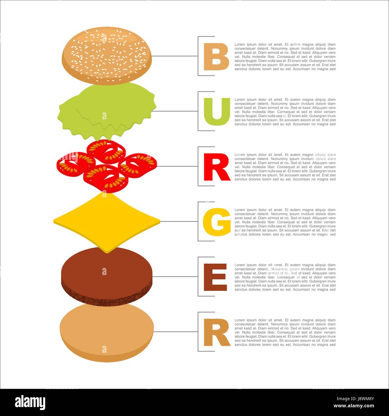 Burger l'infographie. Structure de l'isometrics hamburger. Petit pain frais. Côtelettes. Le fromage et la laitue. Tomate savoureuse. De construction sandwich. Fast food subst Illustration de Vecteur