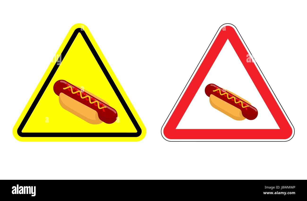 Attention Avertissement signe à hot dog . Dangers panneau jaune de la restauration rapide. Bun et saucisses avec de la moutarde en triangle rouge. Ensemble de panneaux routiers contre des aliments nocifs Illustration de Vecteur