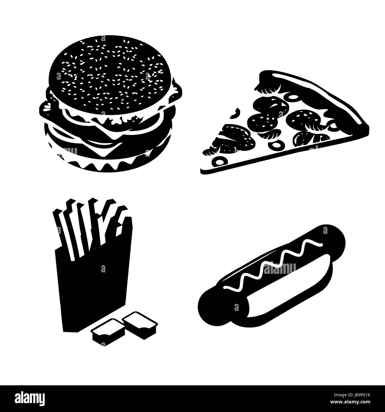 Fast food jeu de silhouette. Hamburger juteux et les hacher. Les frites dans du papier fort. Du ketchup et de la sauce au fromage frais. morceau de pizza à la saucisse et Tom Illustration de Vecteur
