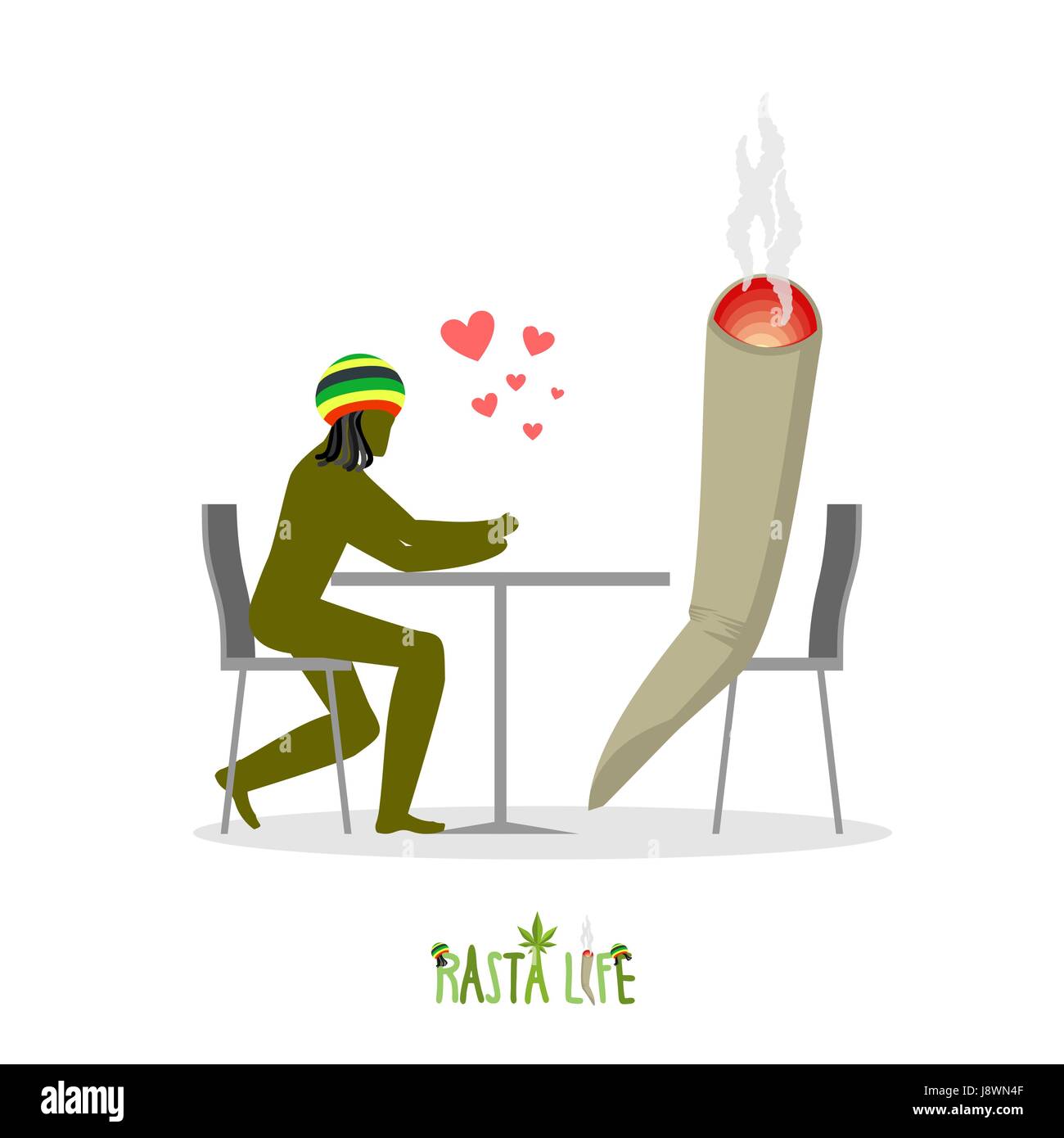 La vie Rasta. Rastaman et conjointes ou spliff dans le café. L'homme et de fumeurs dans les restaurant. Les amateurs de marijuana assis à table. Chanvre illustration romantique Illustration de Vecteur