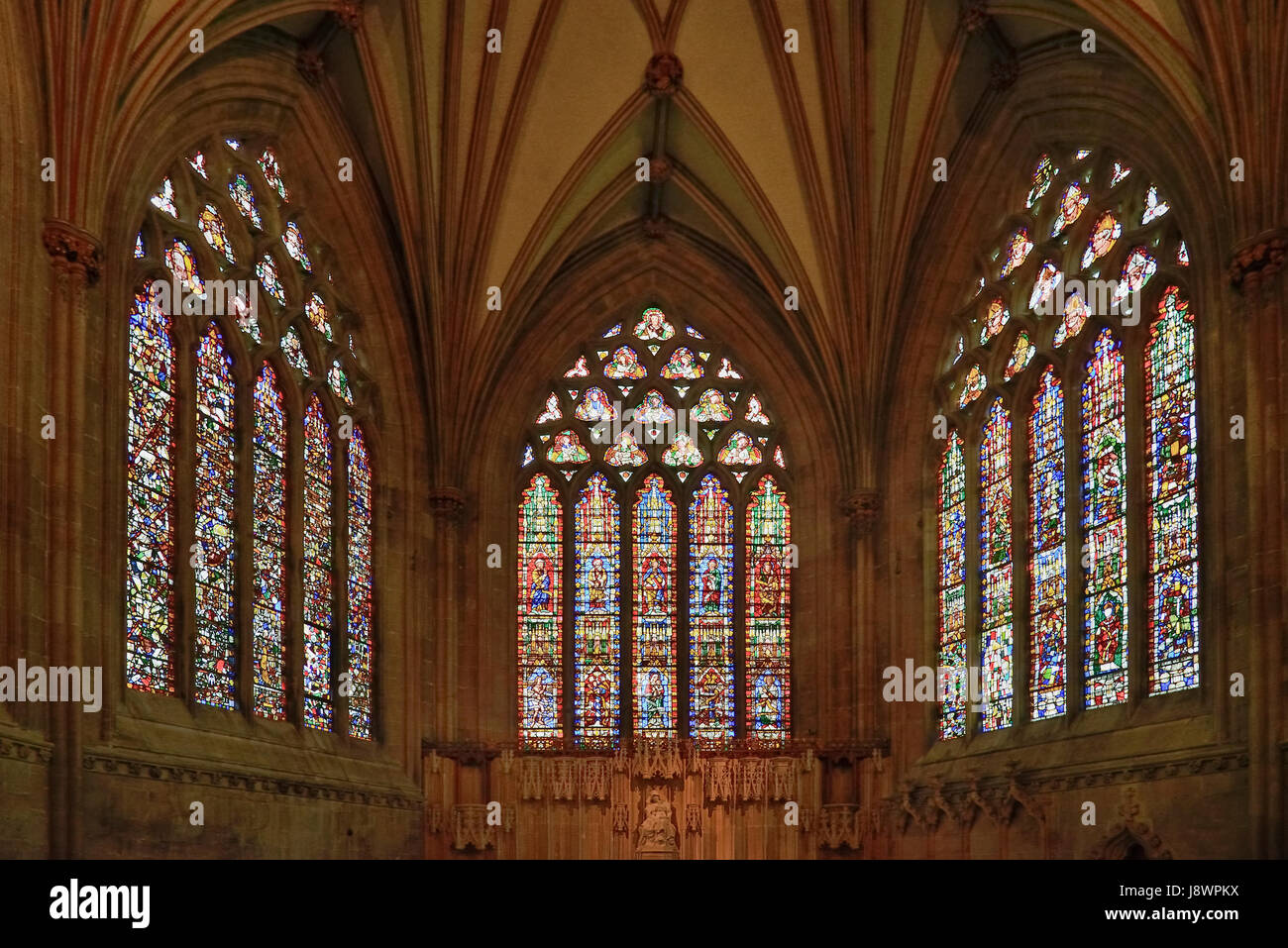 L'Angleterre, la cathédrale de Wells, Somerset, vitraux de la chapelle dame. Banque D'Images