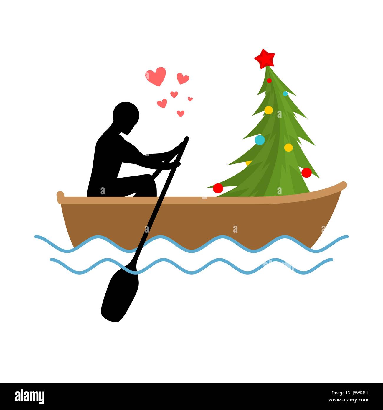 Amoureux de Noël. L'homme et l'arbre de Noël promenade en bateau. Les amateurs de voile. L'homme roule en gondole. Rendez-vous en bateau sur l'étang. Nouvel An romantique illustratio Illustration de Vecteur
