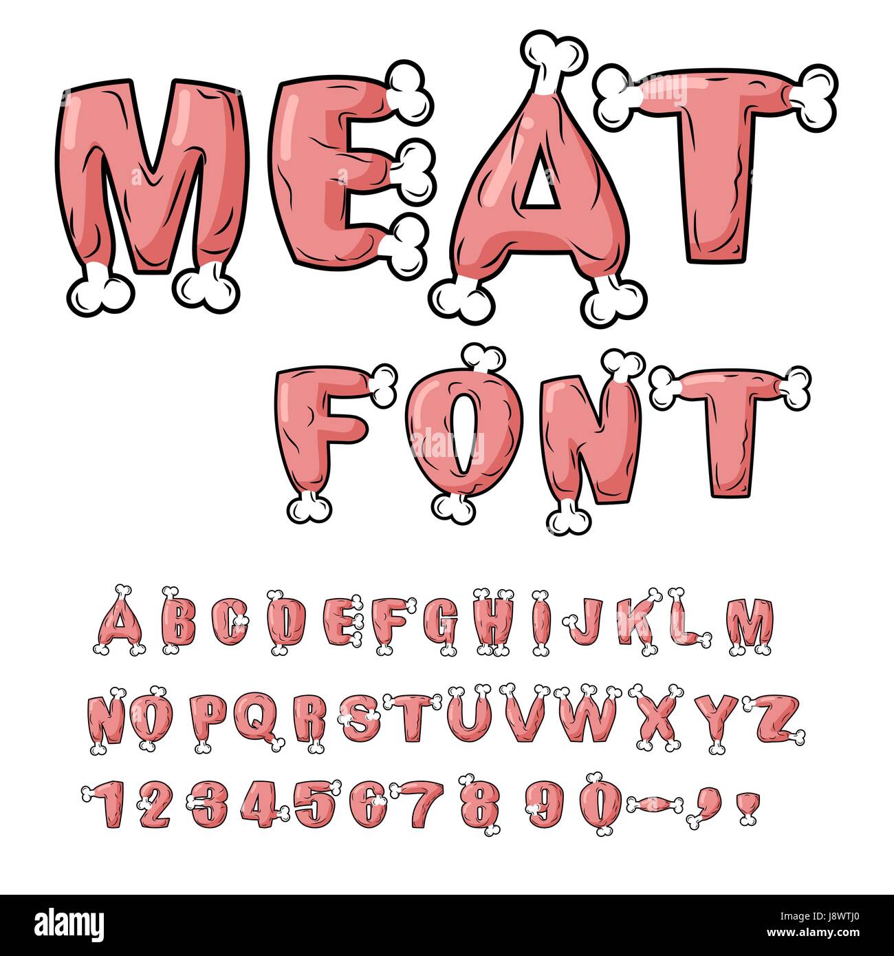 Police de la viande. Steak sur l'os l'alphabet. Alphabet de porc. Jambon frais jeu de lettres. Lettrage de boeuf. Bacon typographie Illustration de Vecteur