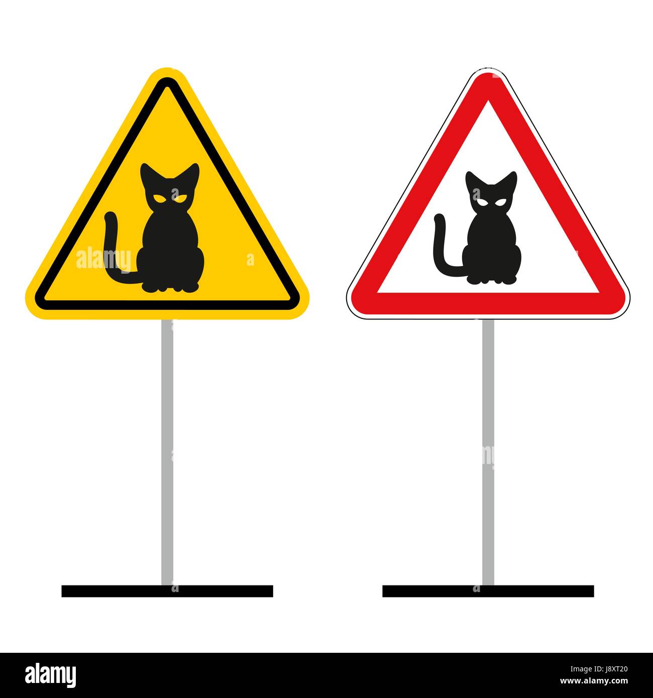 Panneau d'avertissement attention les chats. Panneau jaune de danger d'un animal domestique. La chatte sur un triangle rouge à l'ensemble de la signalisation routière. Illustration de Vecteur