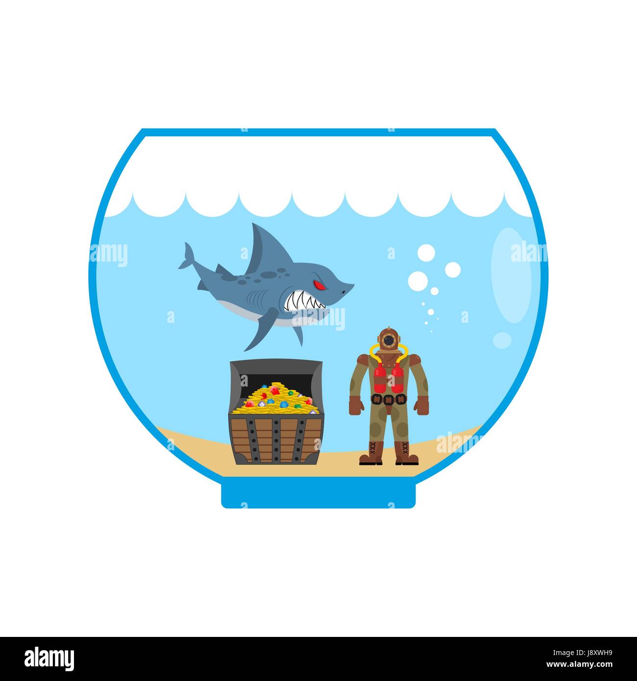 Requins dans l'Aquarium et mini coffre à trésor. Plongée sous marine dans le vieux costume. Illustration de Vecteur Requins dans l'Aquarium et mini coffre à trésor. Plongée sous marine dans le vieux costume. Illustration de Vecteur