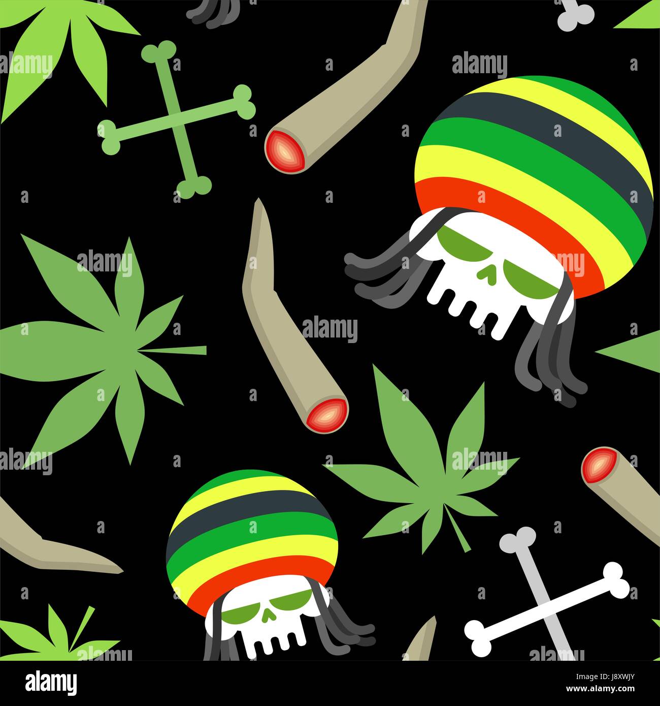 Motif Rasta. Seamless background de marihuanny et du crâne. Fumeurs dope et les os du squelette. Vector background Illustration de Vecteur