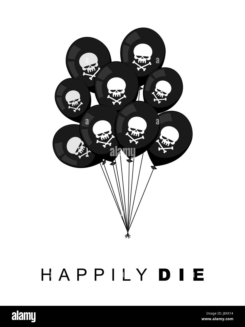 Heureusement mourir. Ensemble de ballons noirs pour funeral party. Avec les os du crâne. Vector illustration. Carte postale lugubre Illustration de Vecteur