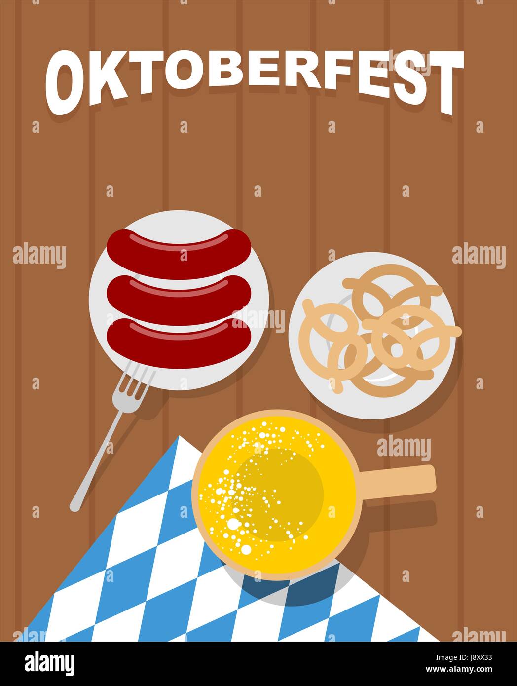 Beer mug sur une table de bois et les saucisses dans l'assiette. Snack-bière bretzel. Avec de l'ornement des losanges bleus. L'Oktoberfest. Festival de la bière en Allemagne. Ve Illustration de Vecteur