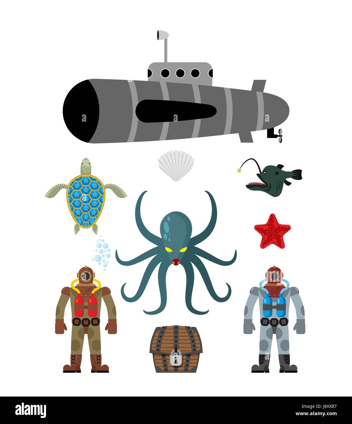 Ensemble Marin symbole. Les plongeurs et coffre à trésor. Octopus Cthulhu et sous-marin. Tortue d'eau et d'étoiles. Sous-habitants sur un fond blanc. Illustration de Vecteur