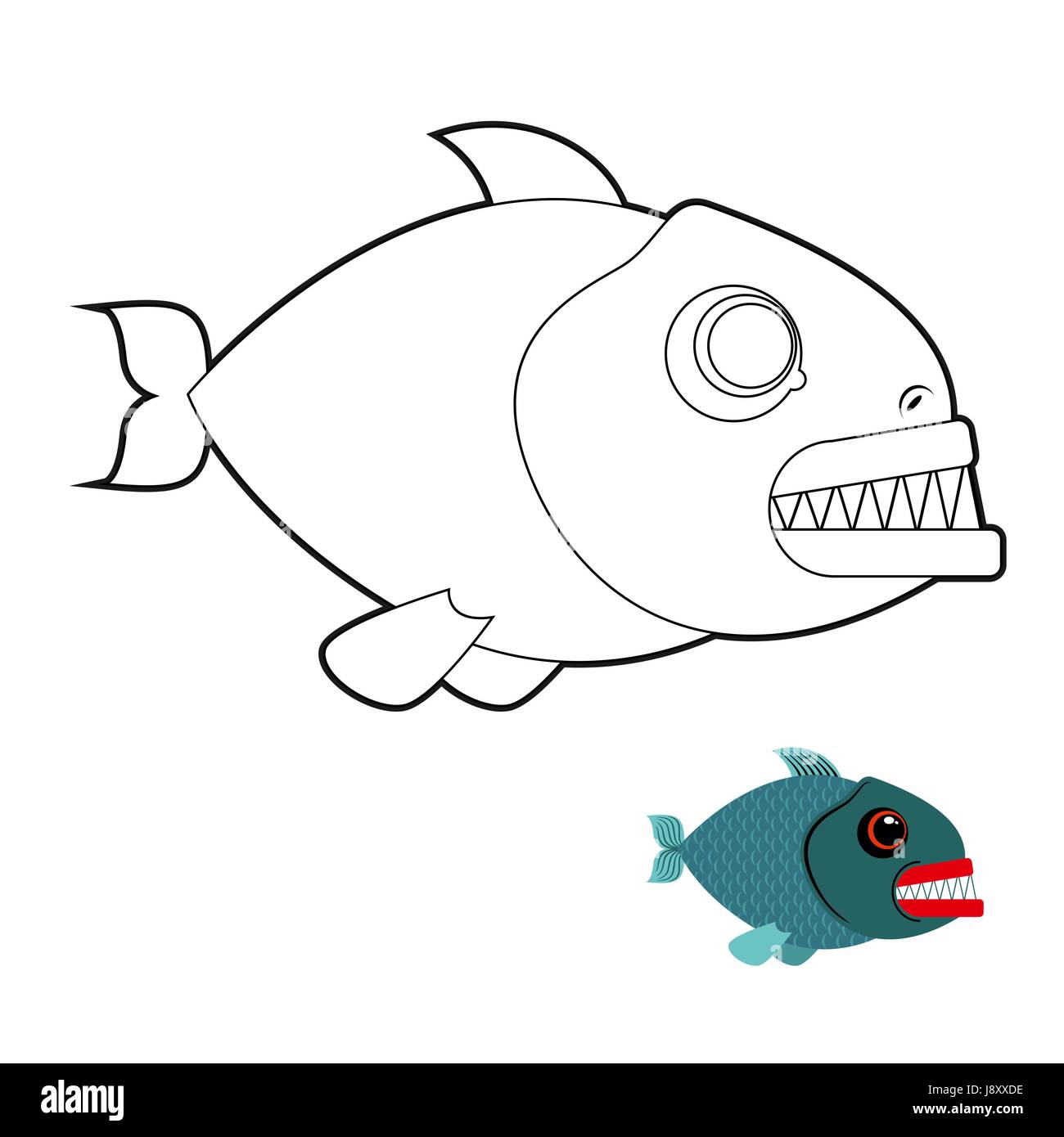 Piranha livre à colorier. Poissons de mer terrible avec de grandes dents. Créature de la mer en colère. Prédateur marin sur fond blanc. Illustration de Vecteur