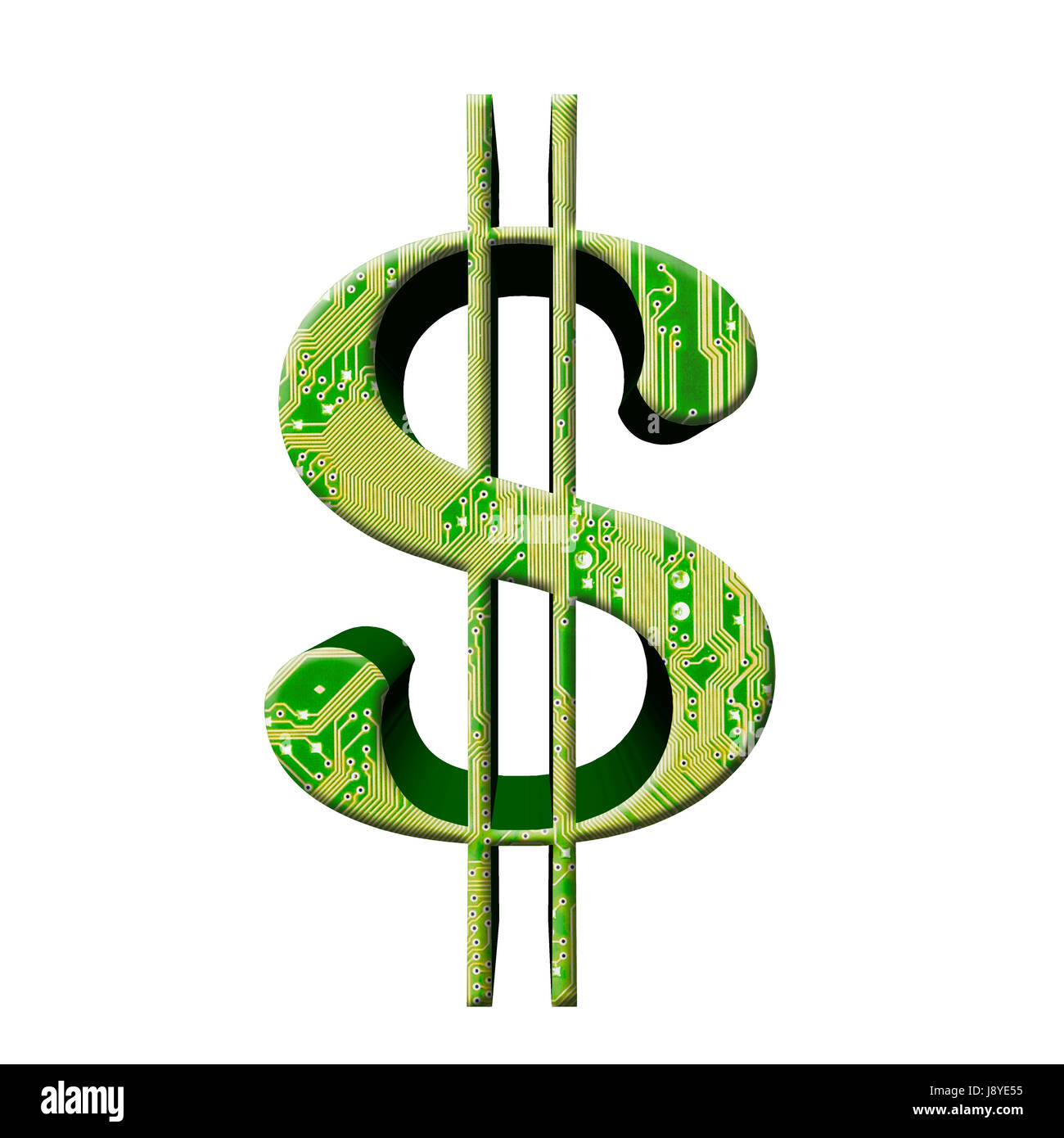 Dollar américain symbole avec une conception de circuit sur elle, isolée contre le fond blanc Banque D'Images