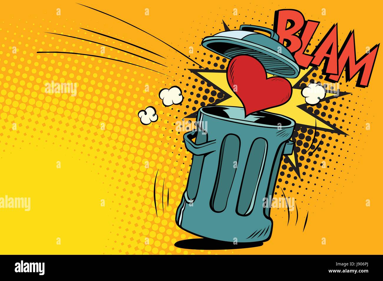 Fin de l'amour, cœur jeté à la poubelle. Cartoon illustration bande dessinée pop art retro style vector Illustration de Vecteur