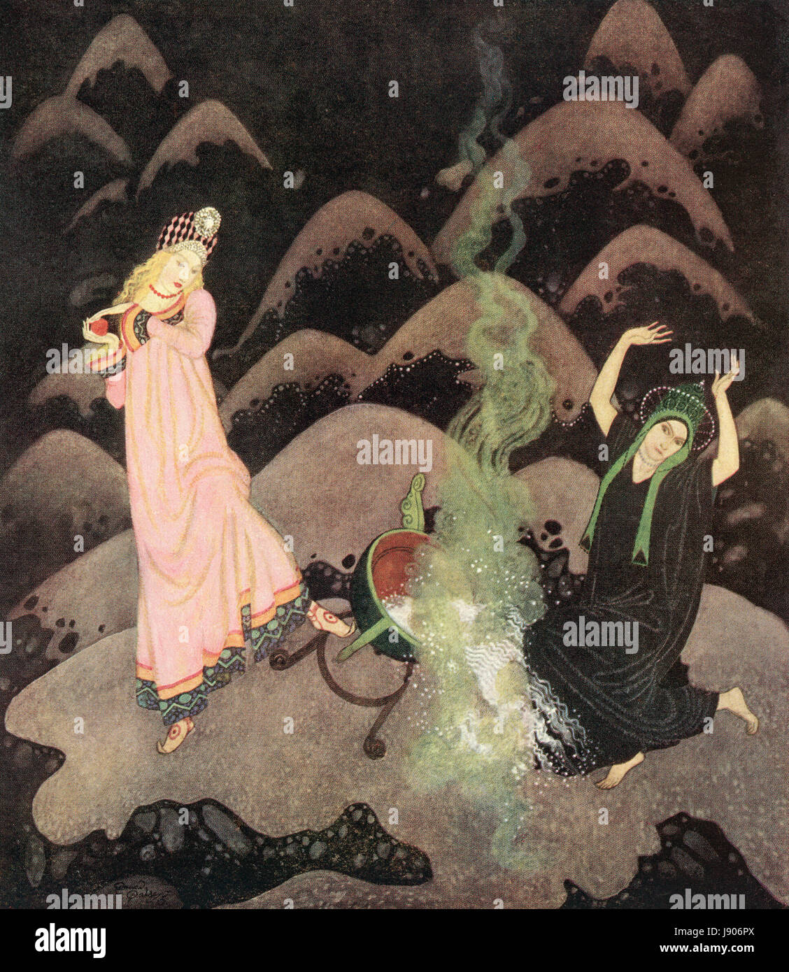 ' Avec un cri la princesse s'est précipité en avant, et, avant que sa méchante sœur pourrait l'empêcher, elle avait perturbé le chaudron avec un crash'. Illustration de la fable de l'Oiseau de feu. L'Fairy-Book d'Edmund Dulac : Contes des nations alliées, publié en 1916. Banque D'Images