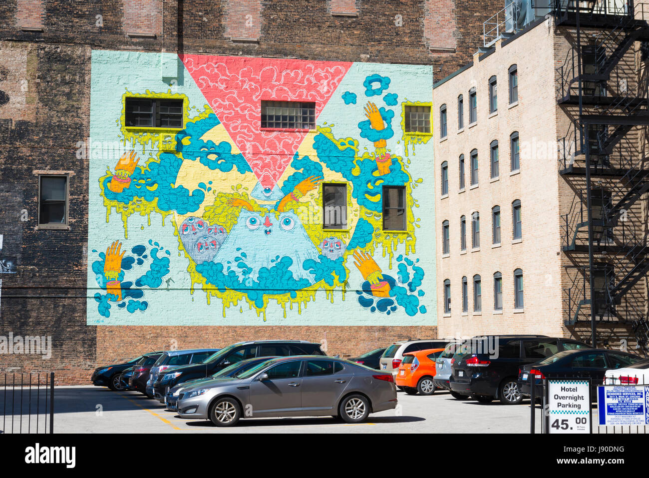 Chicago Illinois South Loop Wabash Avenue Columbia College parking Graffiti Graffiti Graffiti mural géant Gratuit 45 $ par nuit metal fire escape Banque D'Images