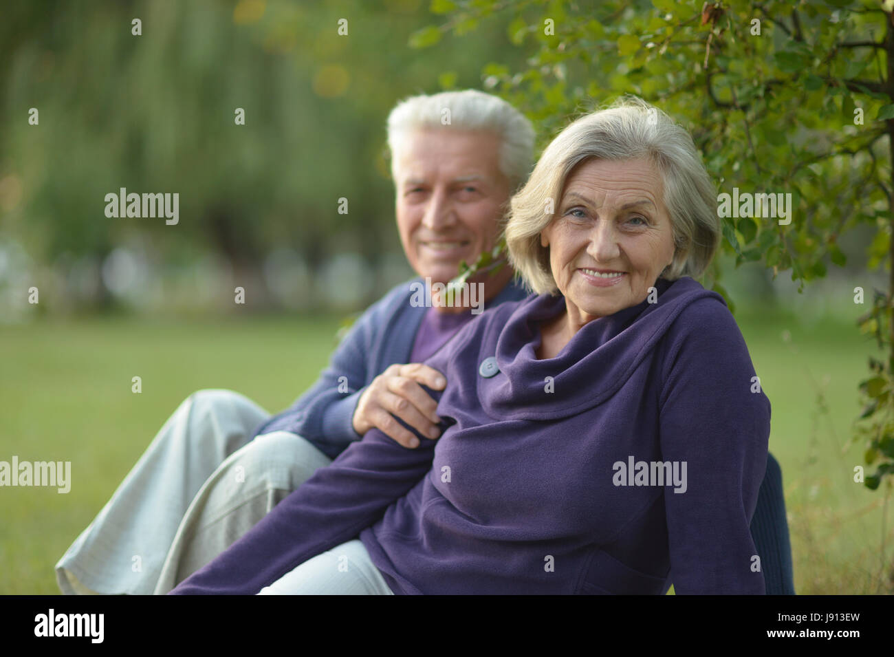 Portrait of a happy senior couple reposant en plein air Banque D'Images