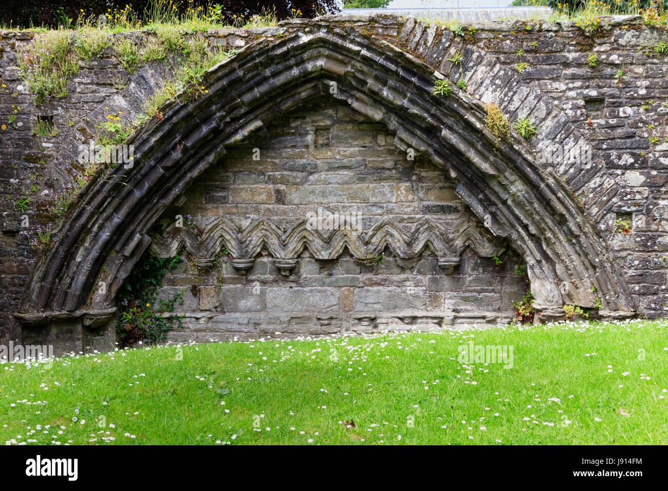 Seul passage voûté du 10ème siècle, Tavistock, Devon cloître de l'abbaye dans le cimetière de St Eustachius Banque D'Images
