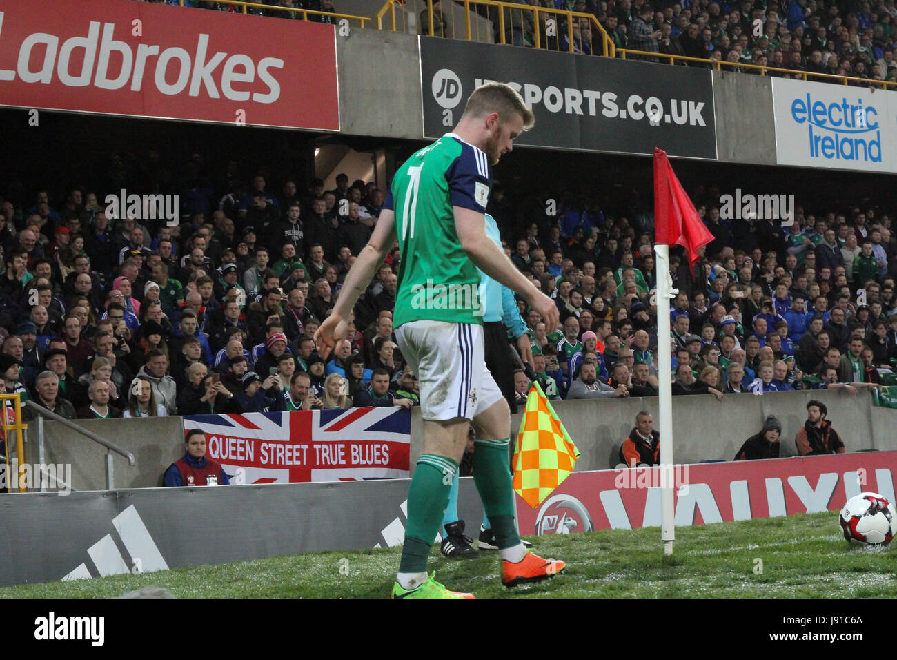 Stade national de football à Windsor Park, Belfast. 26 mars 2017. Qualification de la Coupe du Monde 2018 - Irlande du Nord 2 Norvège 0. L'Irlande du Nord Chris Brunt (11) en action. Banque D'Images