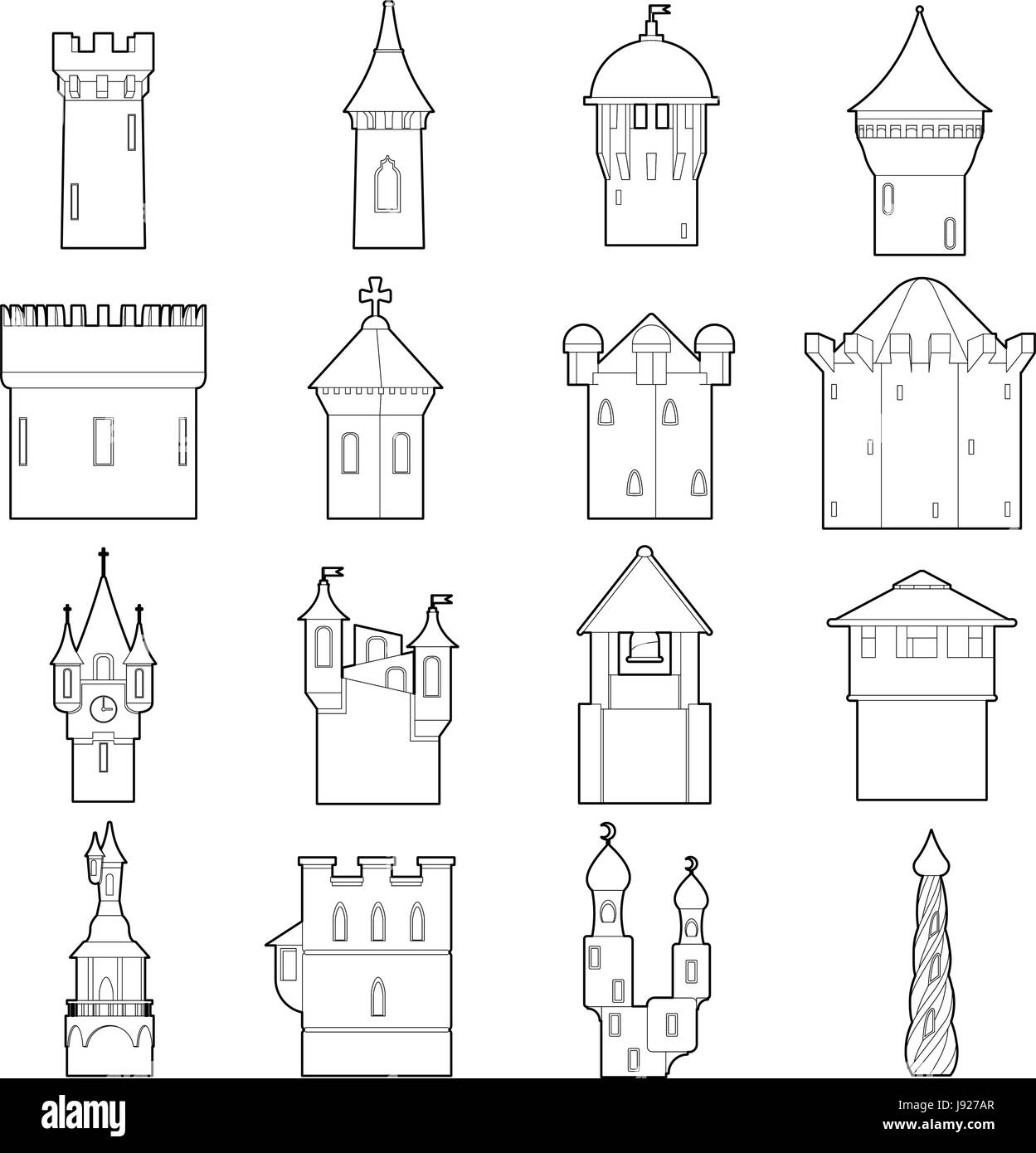Tour Du Chateau Icons Set Style Du Contour Couleur Image Vectorielle Stock Alamy