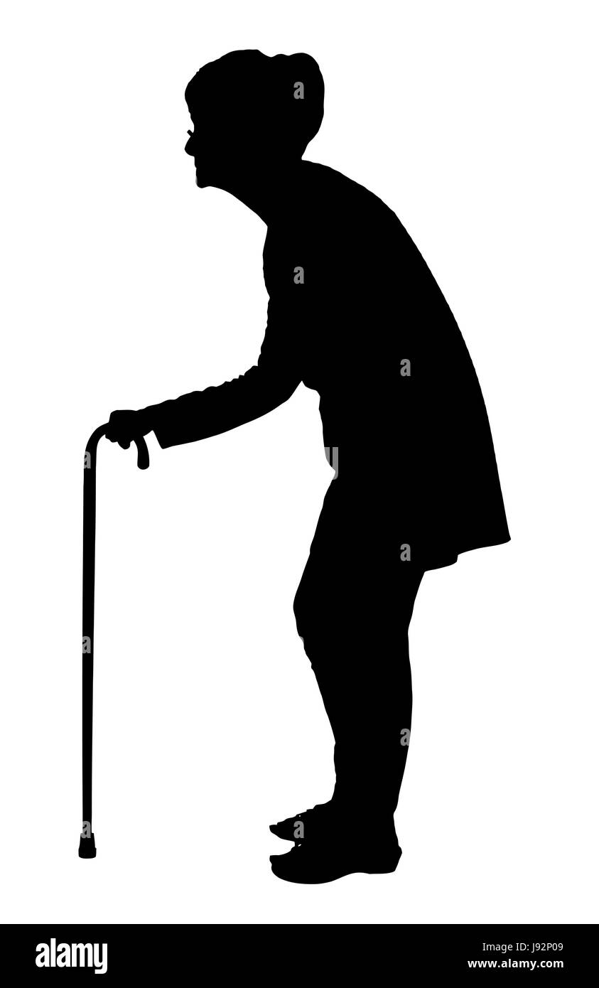 Silhouette d'une femme âgée avec recourbées marche avec canne à sucre Illustration de Vecteur