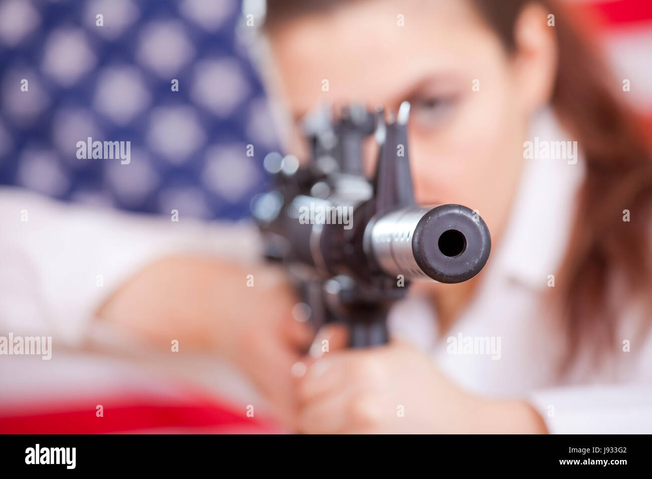 Femme, américain, le tir, le canon, arme à feu, arme à feu, agressif, agressif, robot, Banque D'Images
