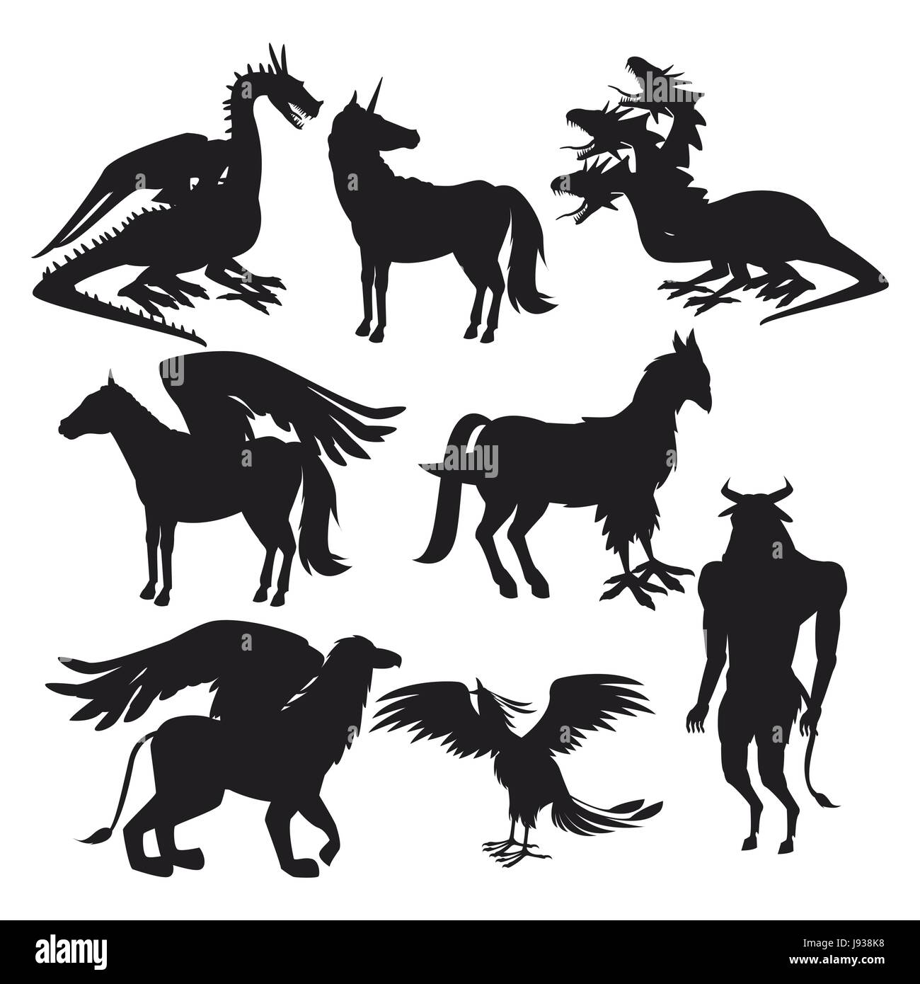 Silhouette noire set créatures mythologiques grecs des animaux Illustration de Vecteur