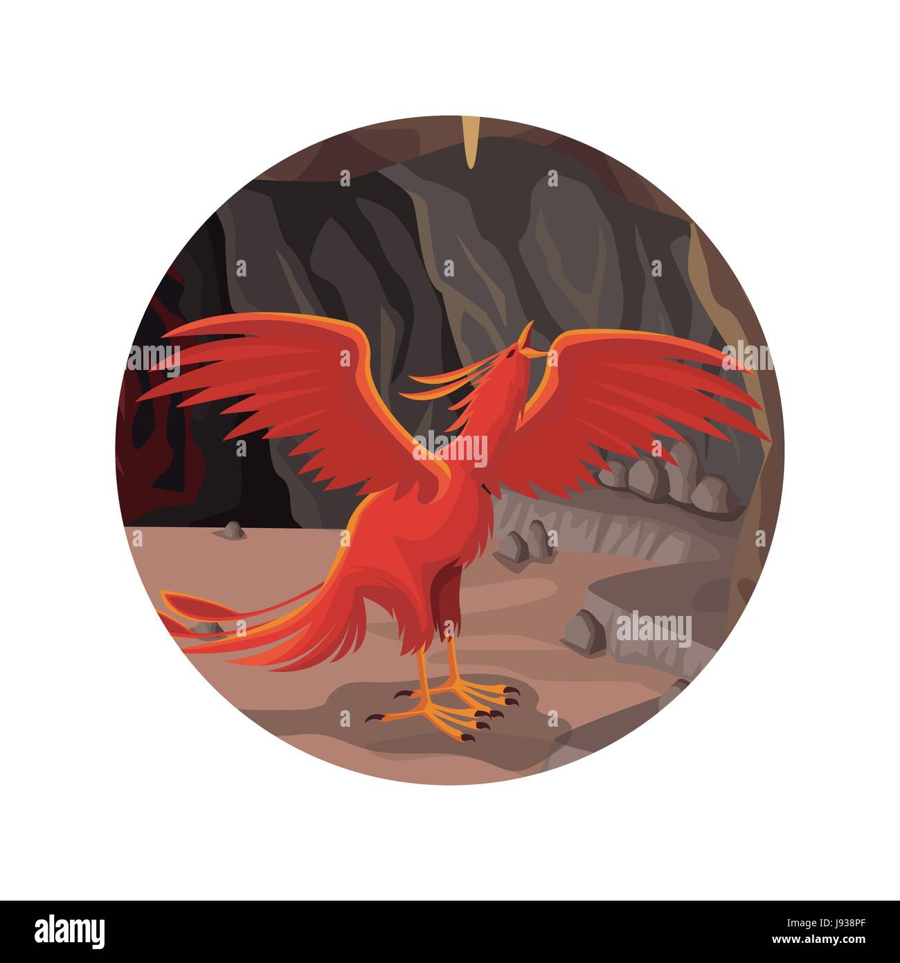 Châssis circulaire avec cave intérieur et phoenix créature mythologique grec Illustration de Vecteur