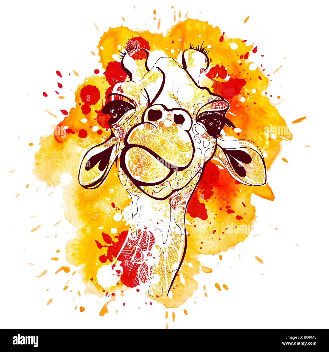 Aquarelle et croquis part tirer girafe illustration. T-shirt orange giraffe animal print Banque D'Images