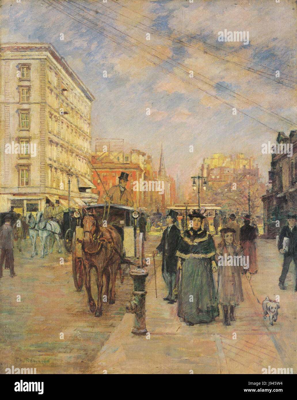 Le tableau de Theodore Robinson, « Fifth Avenue at Madison Square » (1894-1895), capture une scène vibrante de New York. L'œuvre reflète le mouvement impressionniste américain, avec son accent sur la lumière, la couleur et la vie urbaine. Banque D'Images