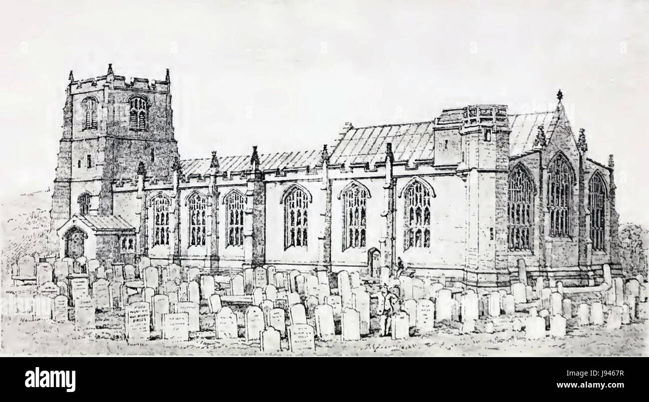 Un dessin au trait de 1869 de l'église de Michael à Alnwick. Le croquis met en évidence les caractéristiques architecturales et la conception de cette église historique au XIXe siècle. Banque D'Images