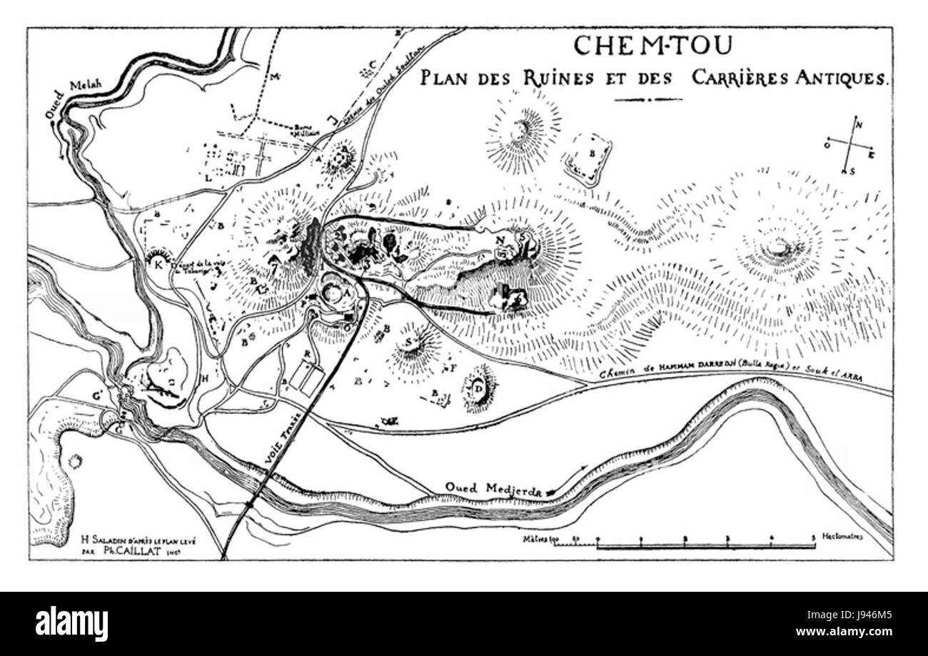 Ce plan est lié à la ville de Chimtou, connue pour son importance historique pendant le règne de H. Saladin, qui était un dirigeant musulman influent. La ville a une riche histoire liée à la stratégie militaire et aux événements médiévaux. Banque D'Images