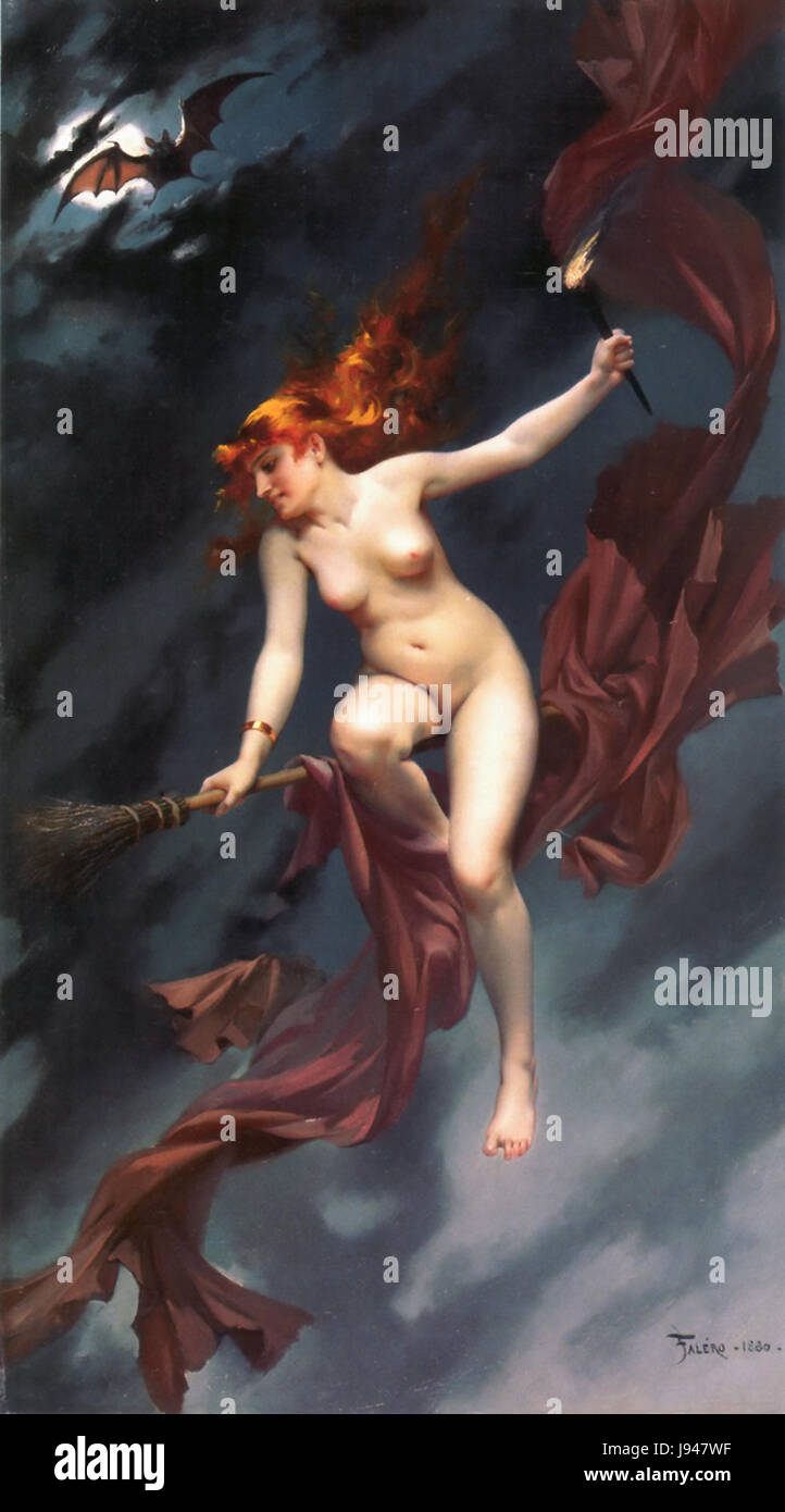 'Le Sabbat des sorcières' de Luis Ricardo Falero est une peinture dramatique représentant un rassemblement de sorcières dans un cadre sombre et mystérieux. La peinture est connue pour sa représentation vivante de thèmes surnaturels, capturant l'atmosphère des rituels occultes au XIXe siècle. Banque D'Images