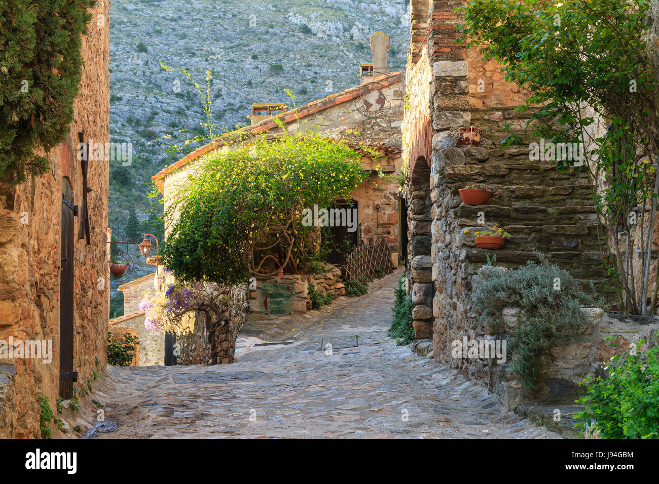 France, Pyrénées Orientales, Castelnou, étiqueté Les Plus Beaux Villages de France (le plus beau village de France), rue du village Banque D'Images