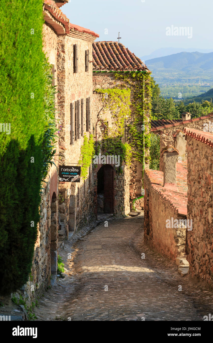 France, Pyrénées Orientales, Castelnou, étiqueté Les Plus Beaux Villages de France (le plus beau village de France), rue du village Banque D'Images