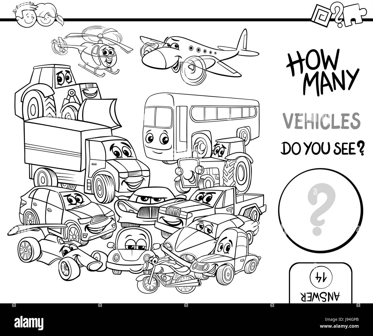 Cartoon noir et blanc Illustration de comptage d'éducation pour les enfants du groupe de caractères avec un véhicule à colorier Illustration de Vecteur