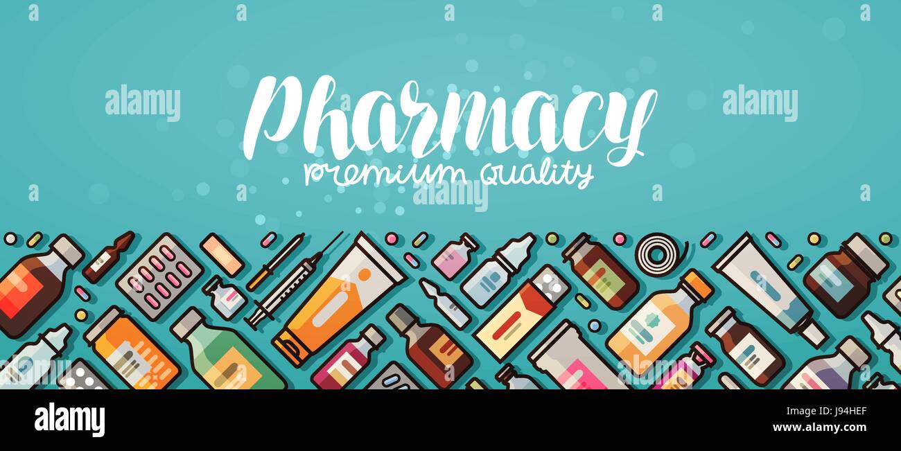 Bannière de la pharmacie. La médecine, les fournitures médicales, concept de l'hôpital. Vector illustration style de télévision Illustration de Vecteur