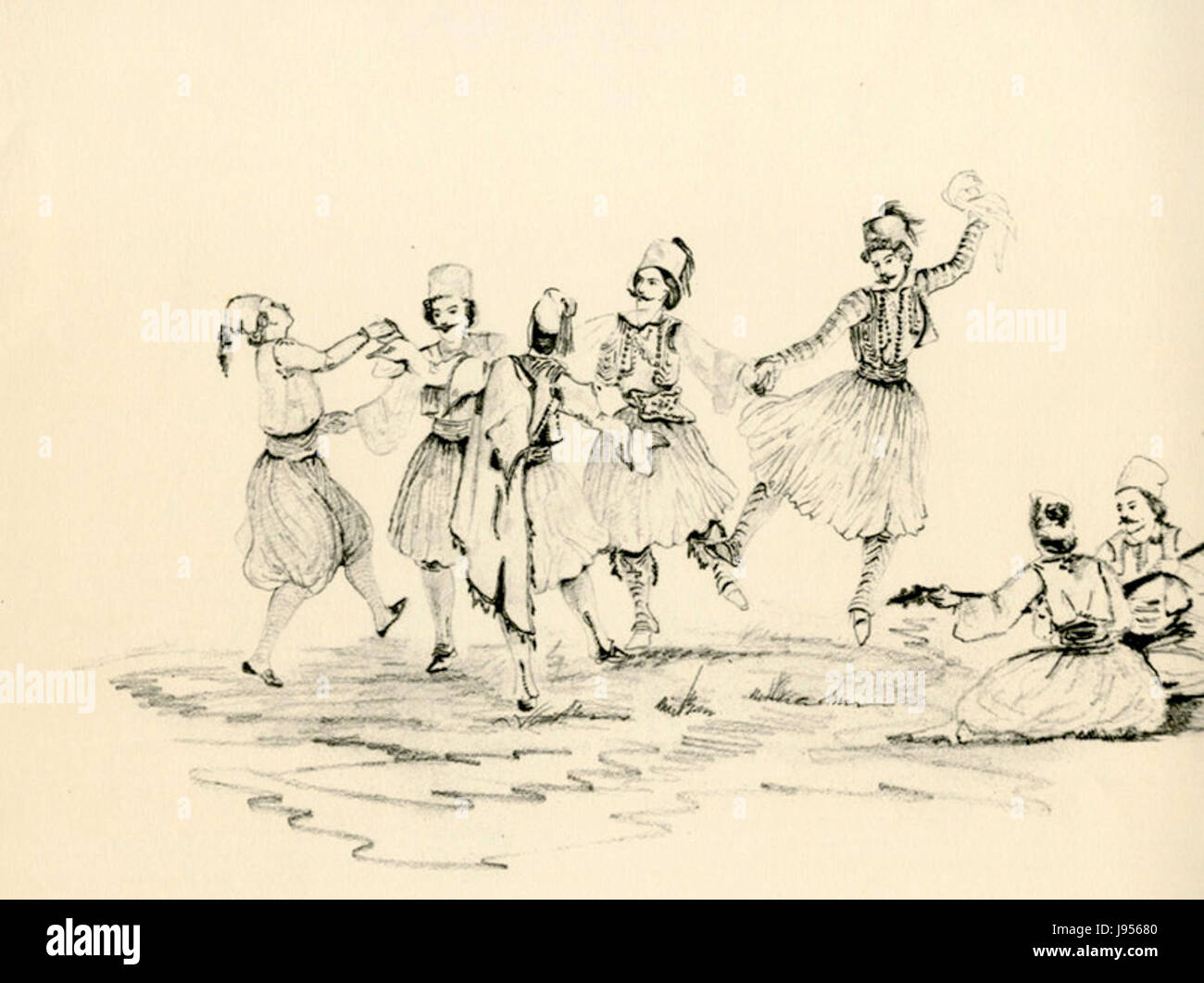 Cette illustration du XIXe siècle réalisée par Peytier capture une scène animée de Grecs dansant en plein air, reflétant les traditions culturelles et les célébrations communautaires de la Grèce pendant cette période. Banque D'Images